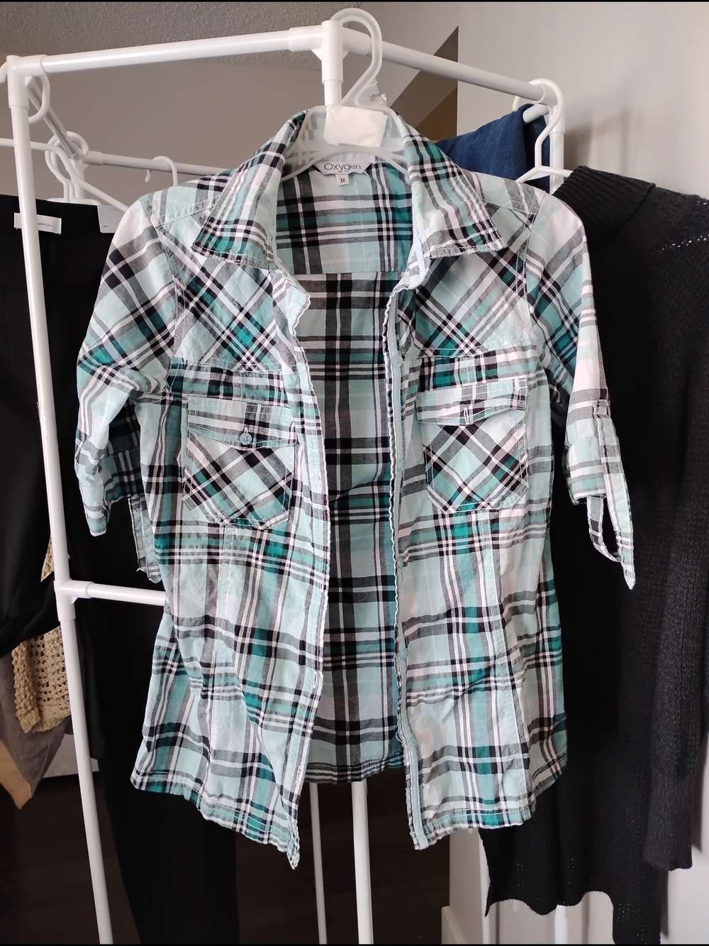 Oxygen Girls' Mint Plaid Button-Down Collared Short Sleeve T-shirt For Women
